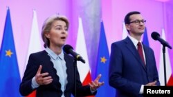 Incoming head of the European Commission Ursula von der Leyen speaks during a meeting with Polish Prime Minister Mateusz Morawiecki at the Prime Minister Chancellery in Warsaw, Poland, July 25, 2019.