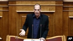 Greek Finance Minister Yanis Varoufakis speaks during a Parliament session in Athens, Feb. 9, 2015. 