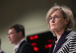 European Commission Vice-President Valdis Dombrovskis and EU Commissioner in charge of financial services, financial stability and the Capital Markets Union, Mairead McGuinness give a press conference in Brussels, Apr. 21, 2021.
