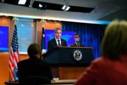 Secretary of State Antony Blinken speaks about the release of the "2020 Country Reports on Human Rights Practices," at the State Department in Washington, March 30, 2021.