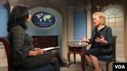 Alice Wells, Principal Deputy Assistant Secretary for South and Central Asian Affairs, talks to Navbahor Imamova, Voice of America Uzbek Service, Washington, February 22, 2018