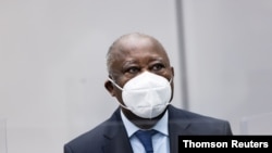 Former Ivory Coast President Laurent Gbagbo appears before the International Criminal Court in The Hague, Netherlands, March 31, 2021. (ICC-CPI/Handout via Reuters)