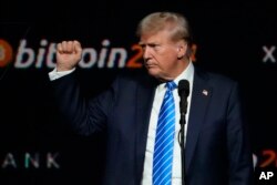 Presiden Donald Trump, berpidato di Konferensi Bitcoin 2024 pada 27 Juli 2024, di Nashville, Tennesse. (Foto: AP)