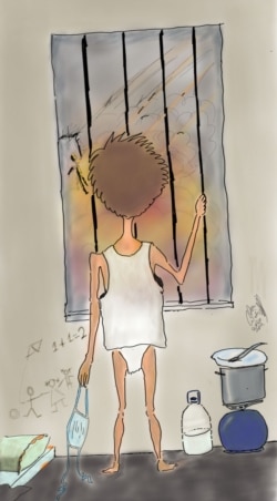 A drawing of a displaced boy in Libya watching the war with a mask on his hand. (Courtesy of Artist)