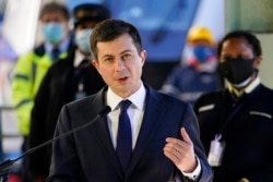 FILE - Transportation Secretary Pete Buttigieg speaks at Union Station in Washington, Feb. 5, 2021.