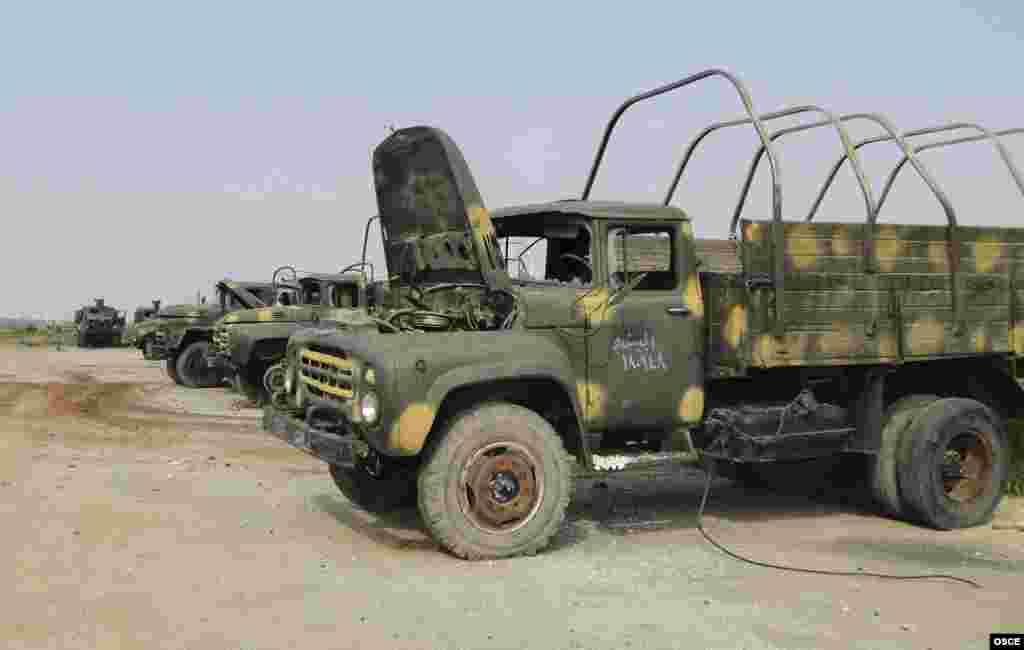 A view shows military vehicles which belonged to forces loyal to Syrian President Bashar al-Assad forces at 80th Brigade&#39;s base after it was seized, Feb. 23, 2013.