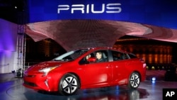 FILE - A Prius is displayed by Toyota at an event in Las Vegas, Sept. 8, 2015.