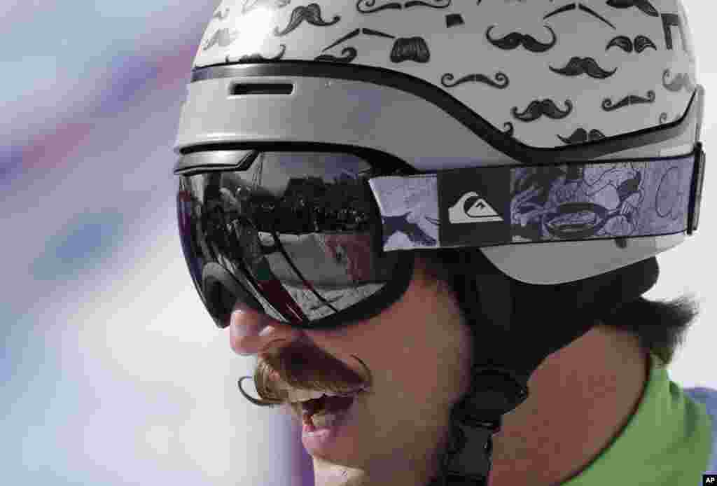 Slovenia's Filip Flisar wears his distinctive moustache helmet during men's ski cross competition at the Rosa Khutor Extreme Park, Krasnaya Polyana, Russia,&nbsp;Feb. 20, 2014.
