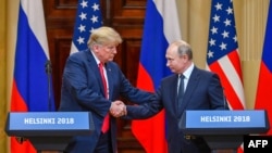 時任美國總統特朗普（左）和俄羅斯總統普京在赫爾辛基舉行會談後出席聯合記者會。 （2018年7月16日）