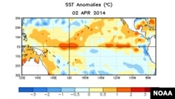 FILE - October 2014 map shows warm spots appearing on the tropical Pacific Ocean near South America, indicating El Nino may be on the way. 