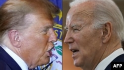 This combination of pictures created on March 06, 2024, shows U.S. Republican presidential hopeful and former President Donald Trump in Concord, New Hampshire, on Jan. 19, 2024, and President Joe Biden in Culver City, California, on Feb. 21, 2024.