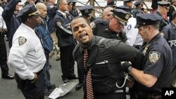 A protester reacts as he is arrested on the Brooklyn Bridge during an 'Occupy Wall Street' protest in New York October 1, 2011.