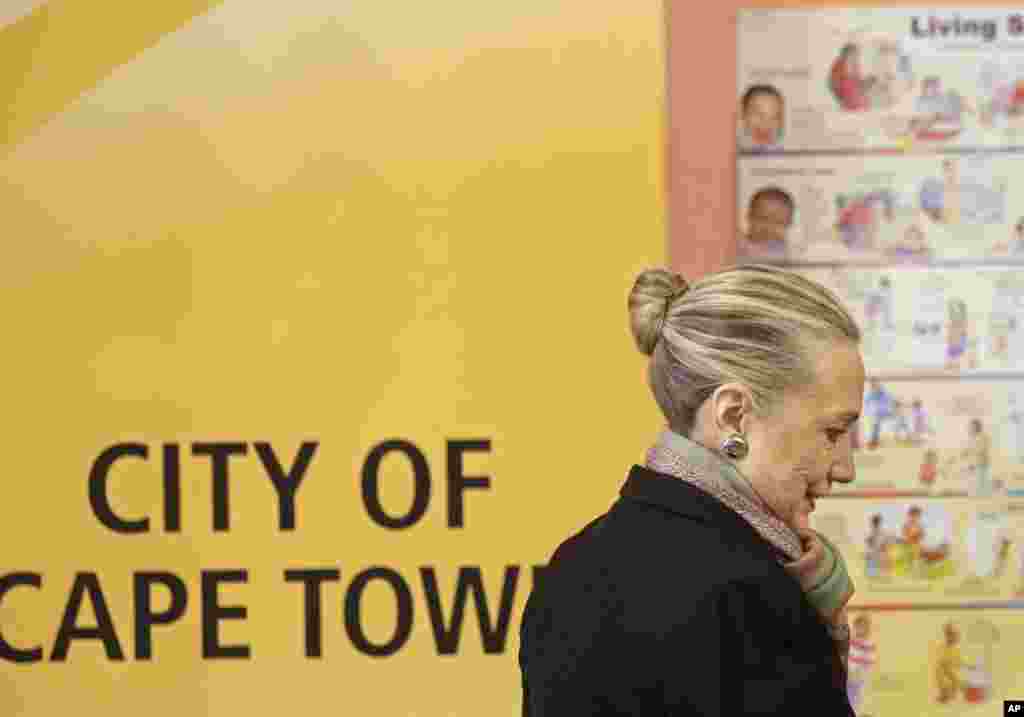 U.S. Secretary of State Hillary Clinton at a clinic at Delft township on the outskirts of Cape Town, South Africa, August 8, 2012. 