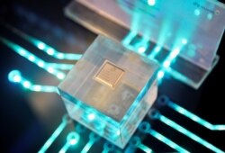 FILE - A chip by Huawei's subsidiary HiSilicon is displayed in Fuzhou, Fujian province, China, March 21, 2019.