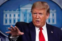 FILE - President Donald Trump speaks about the coronavirus in the James Brady Press Briefing Room at the White House, April 13, 2020.