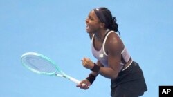 Coco Gauff of the US celebrates after defeating Paula Badosa of Spain in a women's singles semifinal match for the China Open tennis tournament at the National Tennis Center in Beijing, Oct. 5, 2024.
