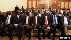 Members of South Sudan rebel delegation attend the opening ceremony of South Sudan's negotiation in Ethiopia's capital Addis Ababa, Jan. 4, 2014. 
