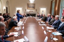 President Donald Trump speaks with House Speaker Nancy Pelosi, Oct. 16, 2019, during a meeting at the White House, in Washington. (White House photo)