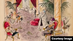 This unpublished illustration by Hilary Knight features Eloise slumped in a chair in the Plaza's enormous, opulent lobby. (Collection of Hilary Knight, © Kay Thompson)