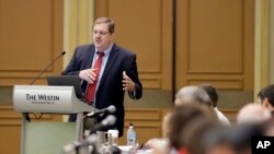 Vermont Secretary of State Jim Condos speaks during a voter registration meeting at the National Association of Secretaries of State conference in Indianapolis, July 8, 2017.