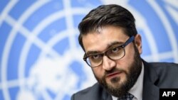 FILE - Afghan National Security Adviser Hamdullah Mohib is pictured at a press conference in Geneva, Nov. 28, 2018. He told reporters in Washington on March 14, 2019, that the U.S. peace strategy in Afghanistan was "alienating" the Afghan people.