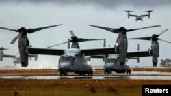 Four Ospreys from the U.S. Navy Ship (USNS) Charles Drew prepare to taxi on the tarmac of Tacloban airport in the aftermath of super typhoon Haiyan, Nov. 14, 2013. 