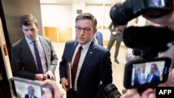 US Speaker of the House Mike Johnson speaks to the press about the House Republican's budget following the Republican Conference meeting, on Capitol Hill in Washington, Feb. 25, 2025. 