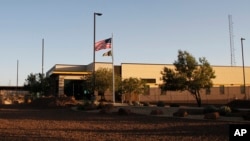 This screengrab from a video, taken June 20, 2019, shows the entrance of a Border Patrol station in Clint, Texas. A legal team, that interviewed about 60 children at the station near El Paso, says young migrants being held there are being mistreated by th