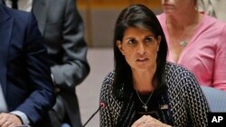 United Nations Ambassador from U.S. Nikki Haley address U.N. Security Council meeting on Myanmar's Rohingya crisis, Sept. 28, 2017, at U.N. headquarters. 