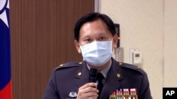 File - Taiwan's defense ministry spokesperson Shih Shun-wen speaks during a briefing in Taipei, Taiwan on Oct. 27, 2020, about U.S. sales of missiles and other arms systems to Taiwan. to defend itself, amid rising threats from China.