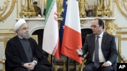 Tổng thống Pháp Francois Hollande và Tổng thống Iran Hassan Rouhani trong cuộc họp tại điện Elysee, Paris, tháng 1/2016.