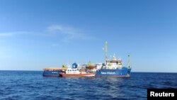 The migrant search and rescue ship Sea-Watch 3, operated by German NGO Sea-Watch, is seen off the coast of Siracusa, Italy, Jan. 27, 2019.