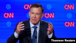 Democratic 2020 U.S. presidential candidate former Colorado Governor John Hickenlooper speaks on the first night of the second 2020 Democratic U.S. presidential debate in Detroit, June 29, 2020.