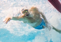 FILE - Ari-Pekka Liukkonen of Finland swims in a Men's 50m Freestyle heat at the Fina Swimming World Cup in Berlin, Germany, Aug. 11, 2013.