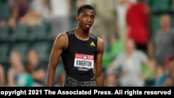 Erriyon Knighton finishes in third during the final in the men's 200-meter run at the U.S. Olympic Track and Field Trials, June 27, 2021, in Eugene, Ore.