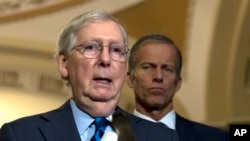 Senate Majority Leader Mitch McConnell, R-Ky., speaks with the media after the Senate Policy Luncheon in Capitol Hill in Washington, Wednesday, Oct. 16, 2019. 