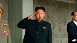 FILE - North Korean leader Kim Jong Un (C) salutes during a Sept. 9, 2013, military parade in Pyongyang.