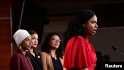 U.S. Reps Ilhan Omar (D-MN), Alexandria Ocasio-Cortez (D-NY), Rashida Tlaib (D-MI) and Ayanna Pressley (D-MA) hold a news conference on Capitol Hill in Washington, July 15, 2019. 
