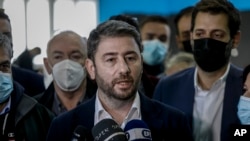 Nikos Androulakis, newly-elected leader of the Movement for Change socialist party, makes a statement, in Athens, Greece, Dec. 12, 2021. 