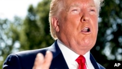 President Donald Trump speaks to members of the media on the South Lawn of the White House in Washington, July 12, 2019, before Trump boards Marine One for a short trip to Andrews Air Force Base, Md. 