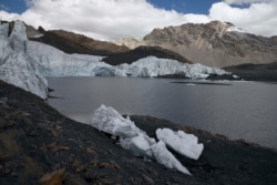 The retreating ice of the Pastoruri glacier is seen in the Huascaran National Park in Huaraz, Peru, Aug. 12, 2016. The melting of glaciers has put cities like Huaraz at risk of what scientists call a “glof,” or glacial lake outburst flood.
