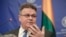 Lithuania's foreign minister Linas Linkevicius gestures during a joint press conference with Romanian counterpart Teodor Melescanu in Bucharest, Romania, , March 26, 2018.