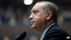 Turkey's President Recep Tayyip Erdogan looks toward cheering supporters as he addresses the members of his ruling party at the parliament in Ankara, Oct. 3, 2017. 