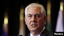 FILE - U.S. Secretary of State Rex Tillerson is pictured at a news conference in Vancouver, British Columbia, Jan. 16, 2018. The diplomat is urging Latin American nations to work with the United States, rather than Russia or China.