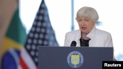 美国财政部长珍妮特·耶伦2024年2月27日于巴西圣保罗举行的新闻发布会上发表讲话，强调她在G20财长和央行行长会议上的主要优先事项。