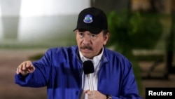 Nicaraguan President Daniel Ortega speaks during the opening ceremony for a highway overpass in Managua, Nicaragua, Nov. 29, 2018.