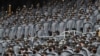 U.S. Army cadets wearing protective masks stand at Michie Stadium ahead of the annual Army-Navy collegiate football game, in West Point, New York, Dec. 12, 2020.