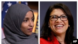 FILE - This combination of 2018 photos shows then-Representatives-elect Ilhan Omar, left, and Rashida Tlaib, in Washington. Omar and Tlaib have drawn political attacks from Saudi Arabia for allegedly representing views not in line with those of the kingdom.