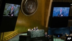 U.S. Secretary of State Antony Blinken addresses the 2022 Nuclear Non-Proliferation Treaty (NPT) review conference, at the United Nations General Assembly, in New York, Aug. 1, 2022.