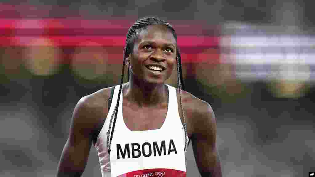 Christine Mboma, of Namibia, reacts after a semifinal of the women's 200-meters at the 2020 Summer Olympics, Monday, Aug. 2, 2021, in Tokyo. (AP Photo/Petr David Josek)
